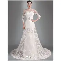 2015 Elegant A-line Princess Shoulders 3/4 Sleeves Embroidered Organza Wedding Dress