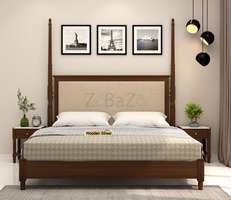Buy Regal Upholstered Poster Bed Without Storage (King Size, Walnut Finish) Online Wooden Street